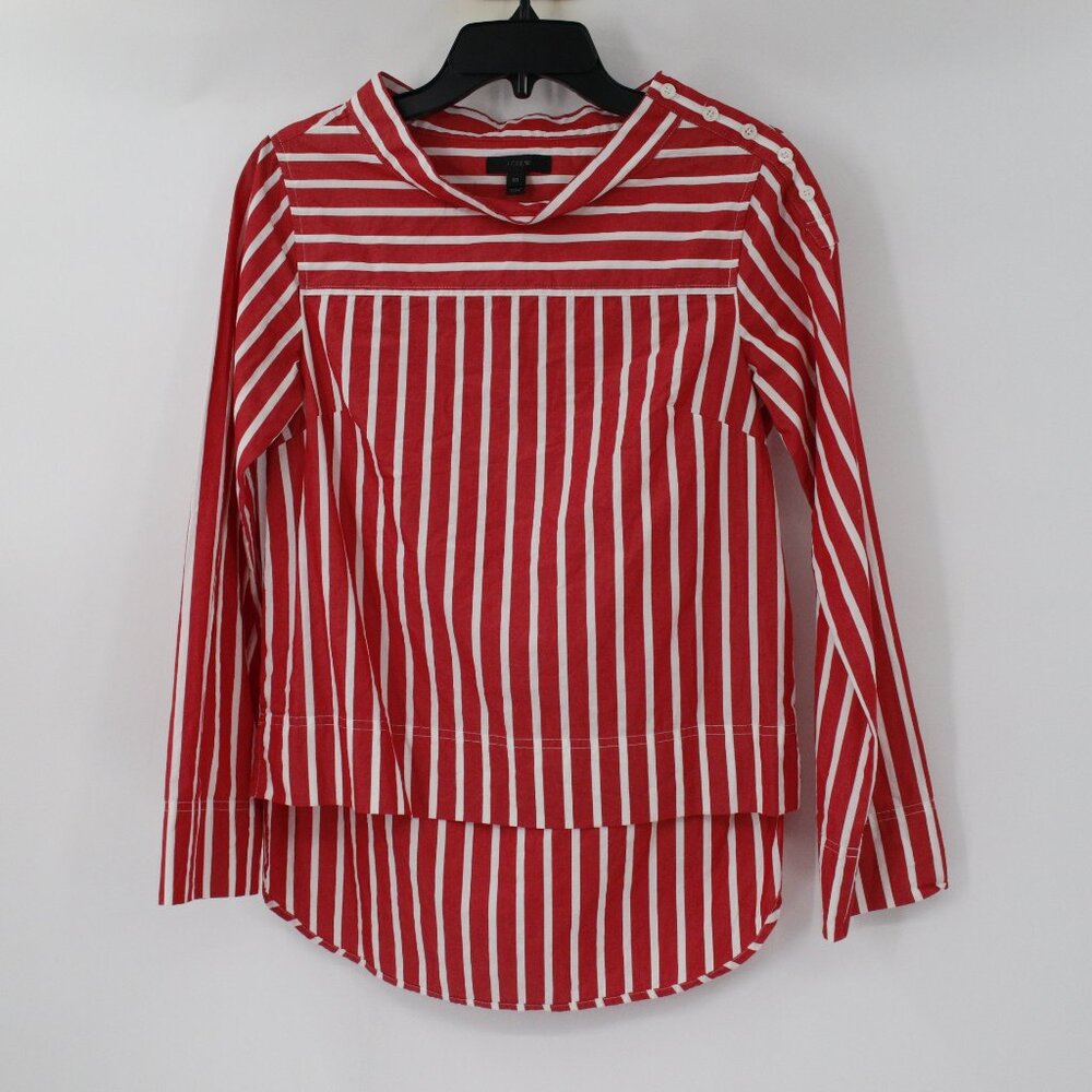 J CREW Top Women's Size 00 Funnelneck Long Sleeve Striped Shirt Red White hi low